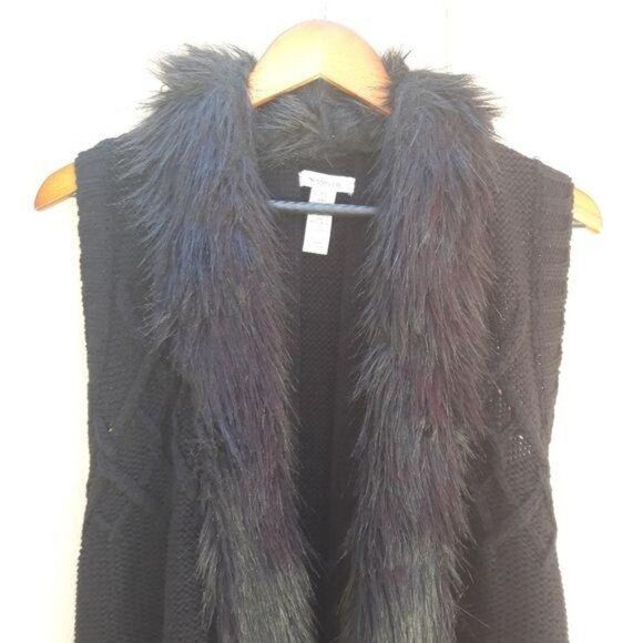 Style & Co Wool Thick Cable Knit Faux Fur Trim Open Cardigan Tunic Black Sz XS - Picture 4 of 8
